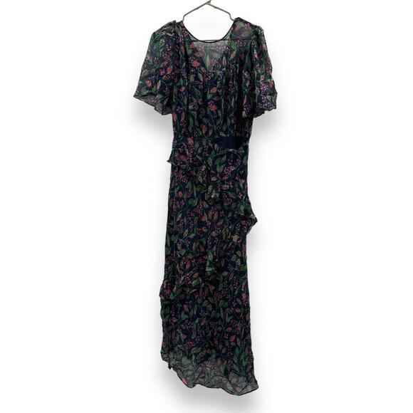 RTR Saloni Vida Ruffled Silk Georgette Asymmetric Hem Floral Midi Dress Sz 6 - Picture 3 of 13